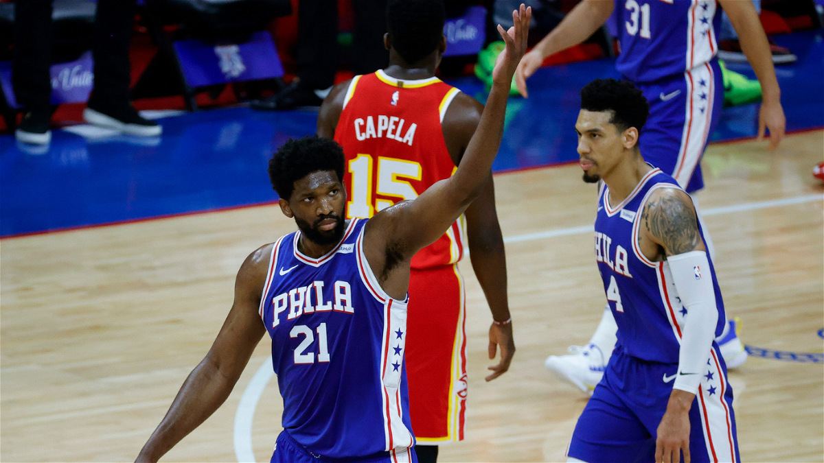 Philadelphia 76ers' Embiid celebrates at home