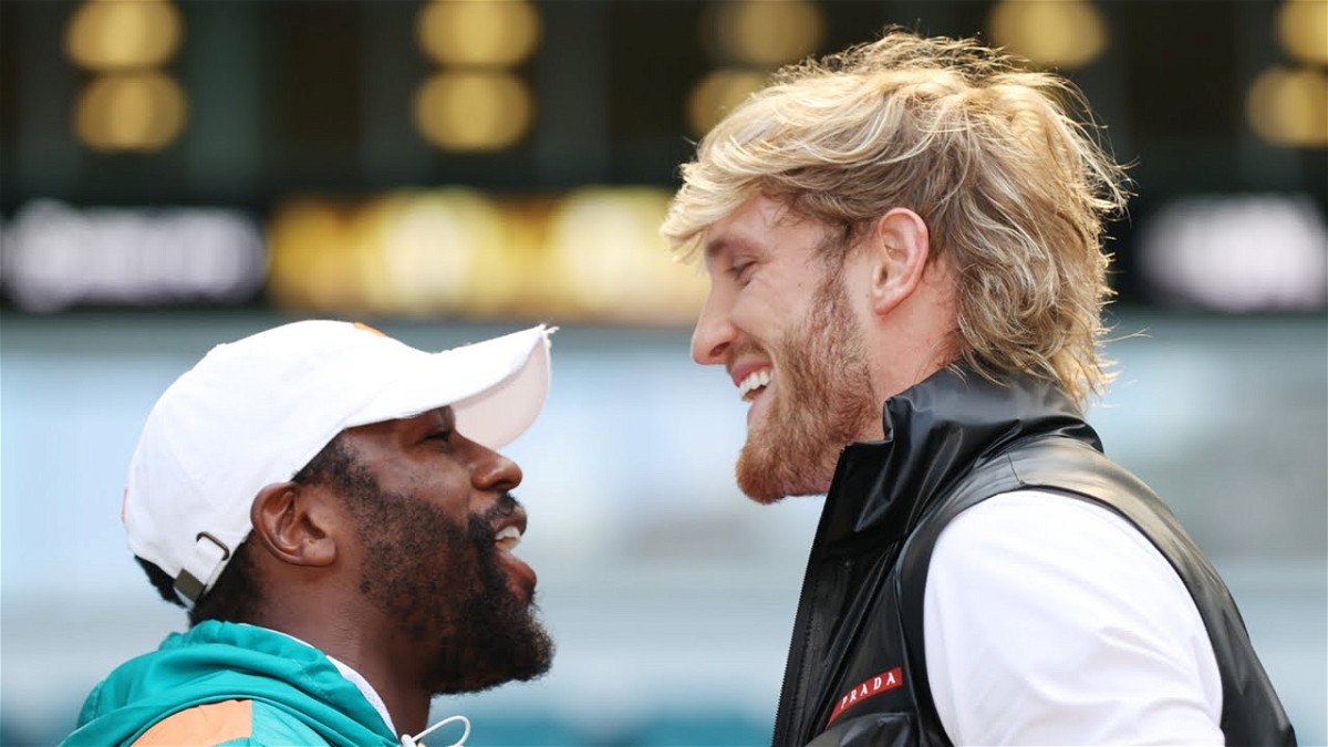 Floyd Mayweather and Logan Paul at a press conference ahead of their fight
