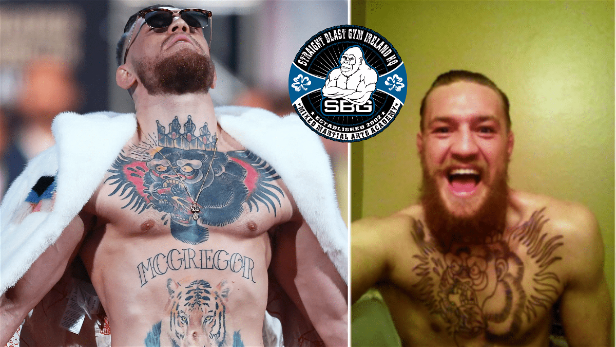 Conor McGregor chest tattop: gorilla with a crown eating a heart