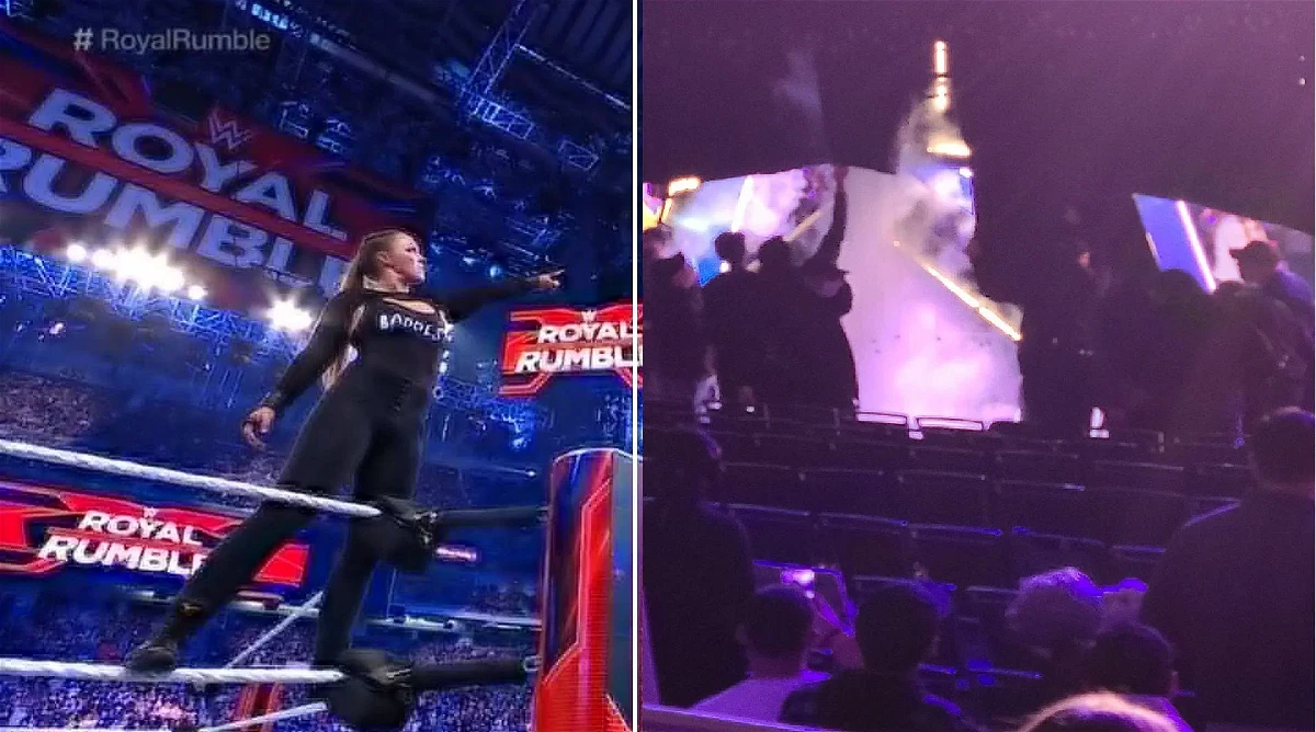 Wrestlemania sign catches on fire at Royal Rumble