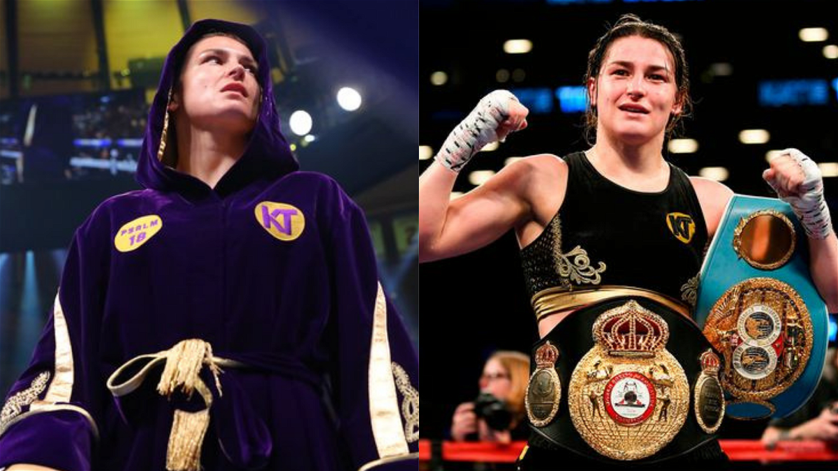 Katie Taylor ring gear in the left frame and the Irish boxer with her undisputed belts in the right frame