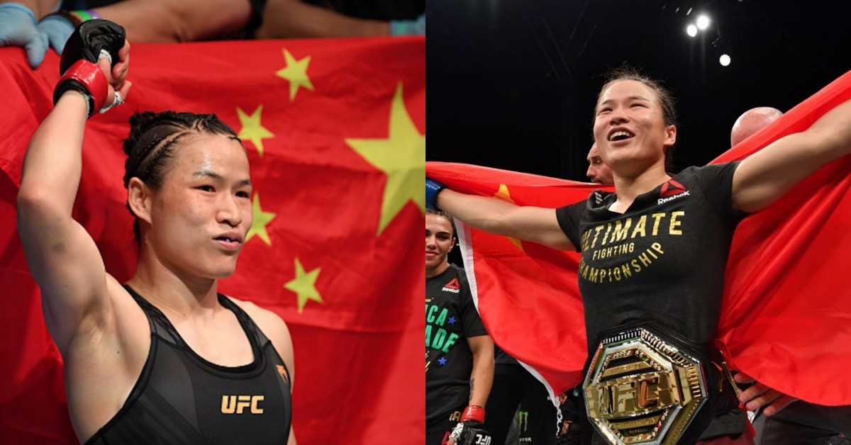Zhang Weili holding up the Chinese flag inside the UFC Octagon