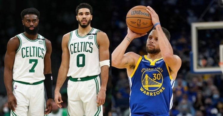 Golden State Warriors Stephen Curry vs Boston Celtics Jayson Tatum and Jaylen Brown