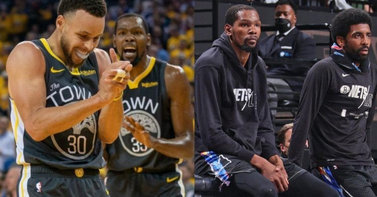 Kevin Durant with his respective teammates Curry and Irving