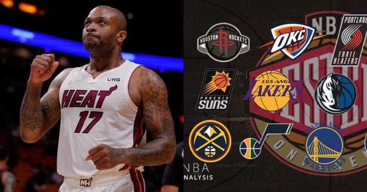 PJ Tucker and various NBA teams logos