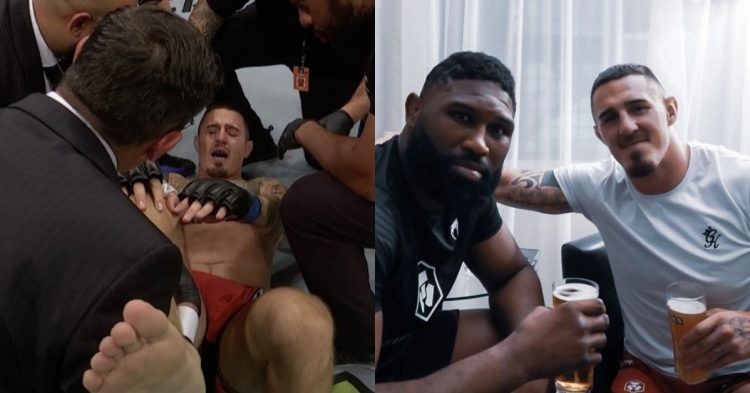 Tom Aspinall drinks beer with Curtis Blaydes