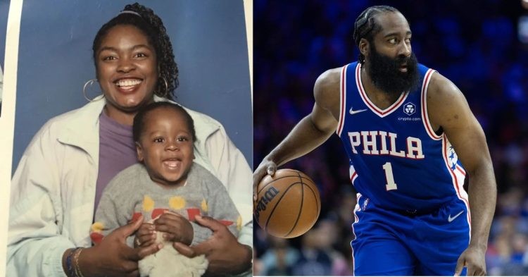 A baby James Harden with his mother and the NBA star now