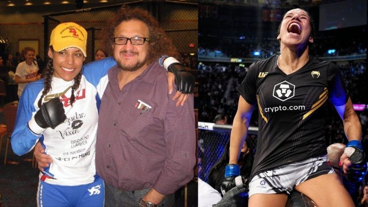 Julianna Pena with her father(left), Julianna Pen UFC 269 win(right)