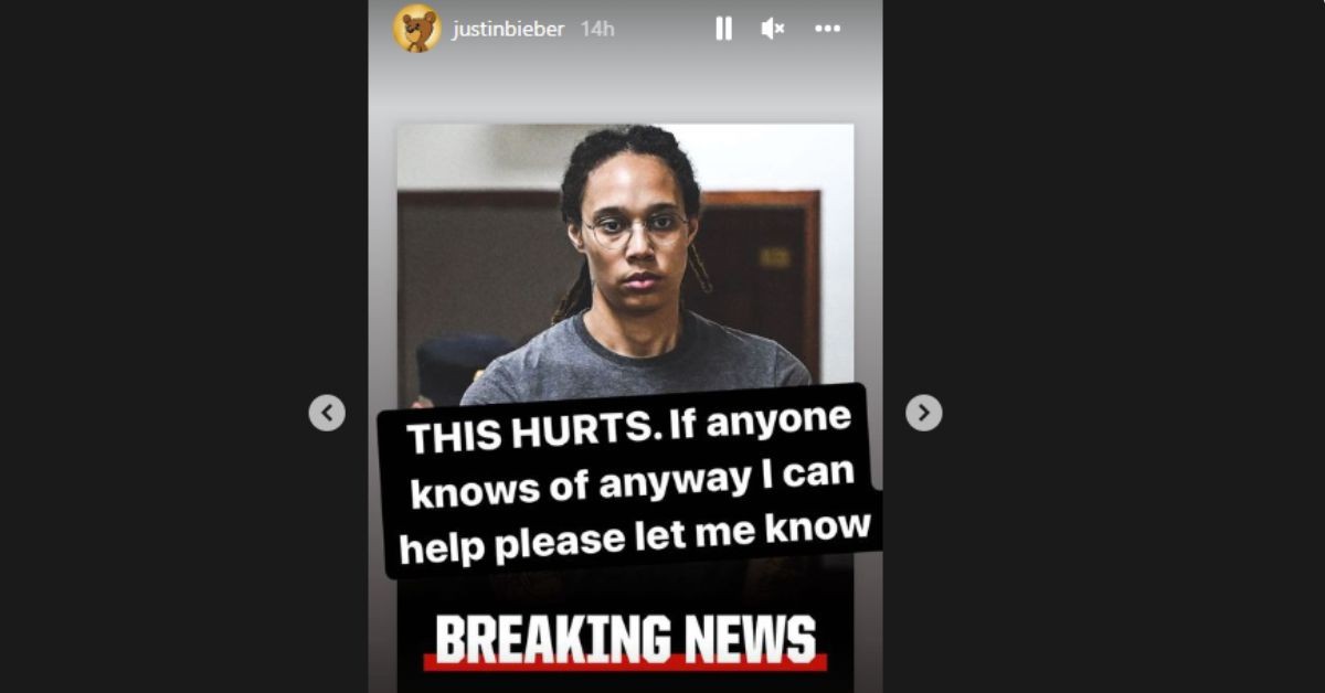 Justin Beiber's Instagram story showing support for Brittney Griner