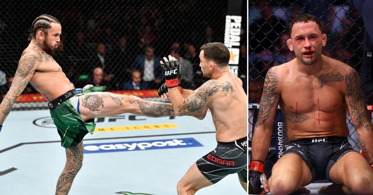 Collage of Marlon Vera throwing the front-kick at Frankie Edgar and Frankie Edgar kneeling with sad face on the canvas after UFC 268 KO loss