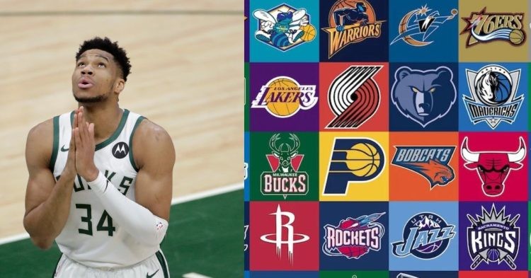 Giannis Antetokounmpo and the NBA teams logos