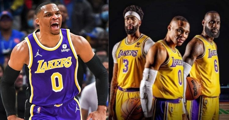 LA Lakers players Russell Westbrook, Anthony Davis and LeBron James