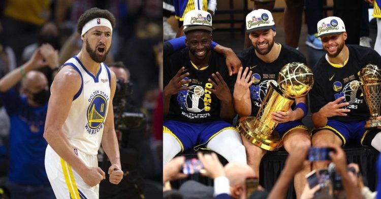 Golden State Warriors' players Klay Thompson, Stephen Curry and Draymond Green