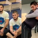 Islam Makhachev poses for a picture with Khabib and Abdulmanap Nurmagomedov