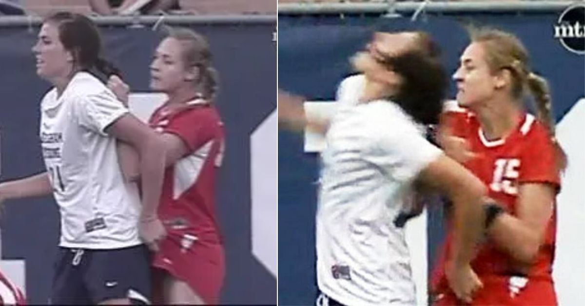 Elizabeth Lambert pulls her opponent down by grabbing her ponytail