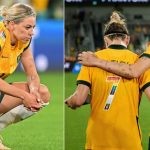 Australian women's team player looks dejected (L) Alanna Kennedy puts her arm on Steph Catley's shoulder. (R)
