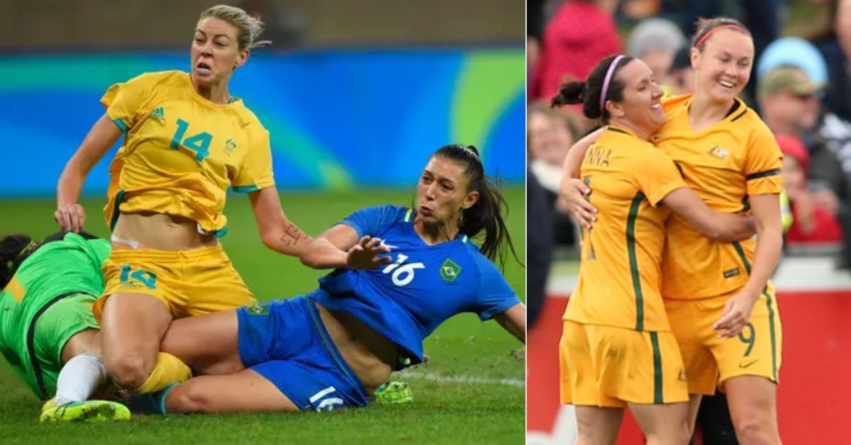 Australian women's team player gets tackled by a Brazilian player at the Olympics 2016