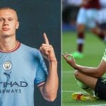 Erling Haaland points to the heavens in a Manchester City jersey (L) Haaland celebrates in his traditional meditation fashion (R)