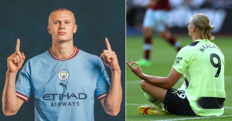 Erling Haaland points to the heavens in a Manchester City jersey (L) Haaland celebrates in his traditional meditation fashion (R)