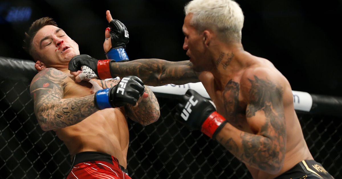 Charles Oliveira hits with some powerful shots against Dustin Poirier