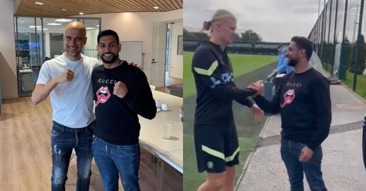Amir Khan with Erling Haaland and Pep Guardiola