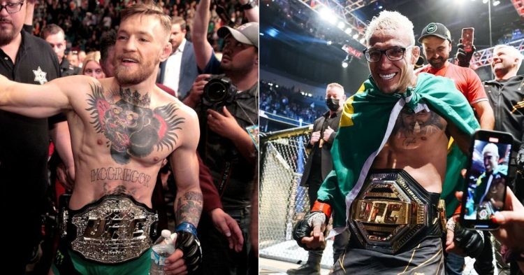 Conor McGregor and Charles Oliveira with UFC titles