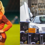 Collage of Alisha Lehmann on the field and standing next to her luxury car