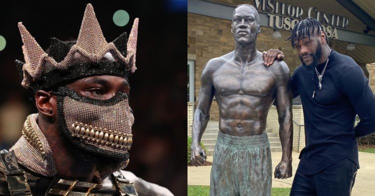 Deontay Wilder with his bronze statue