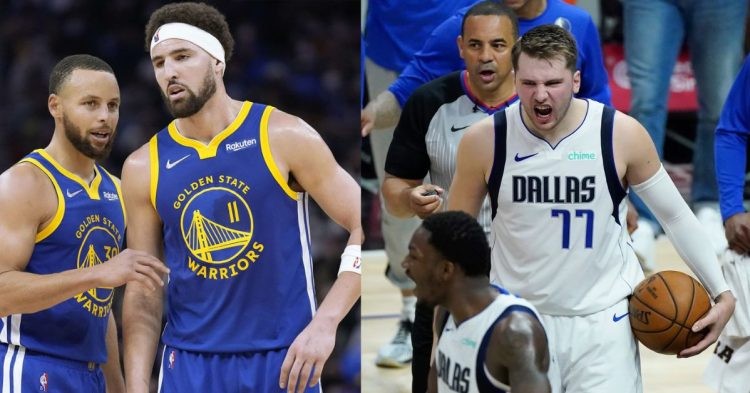 Luka Doncic, Stephen Curry and Klay Thompson