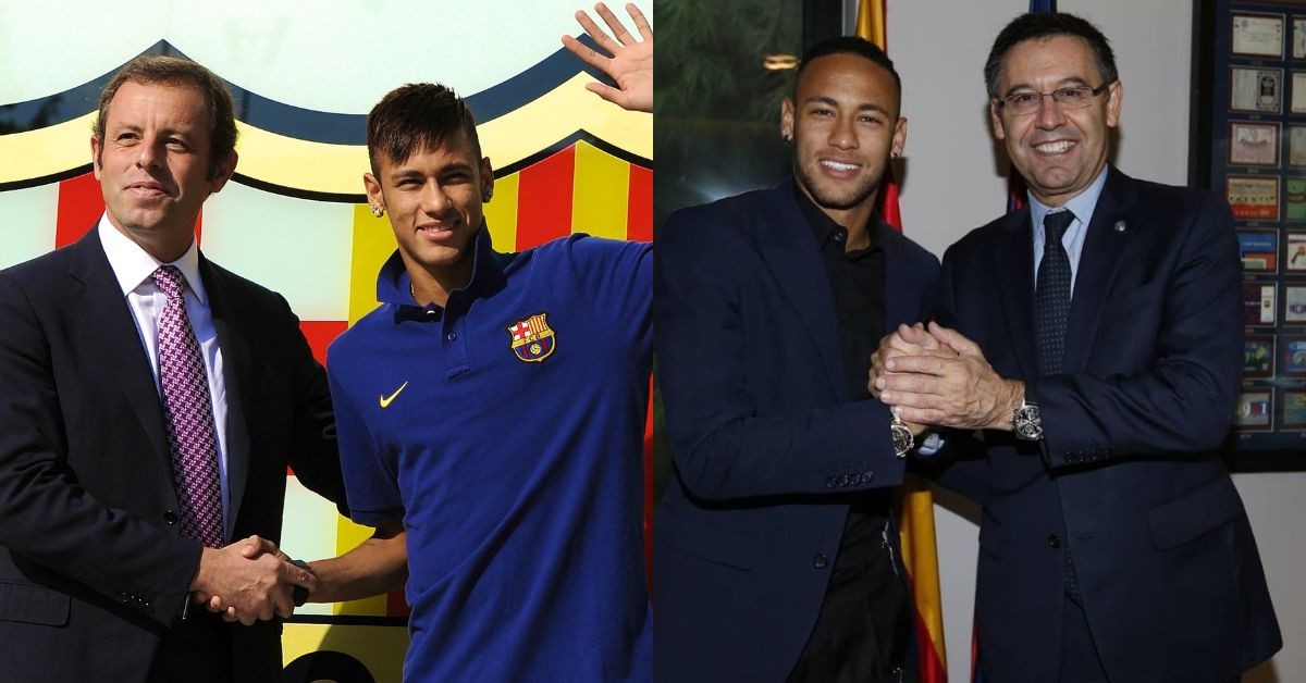 Neymar Jr, Sandro Rosell and Josep Maria Bartomeu