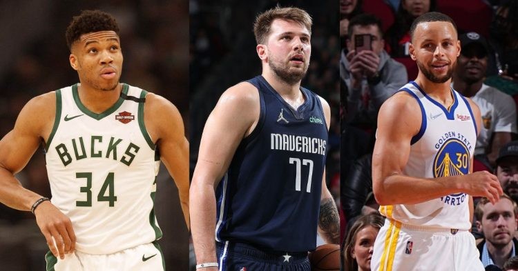 Giannis Antetokounmpo, Luka Doncic and Stephen Curry