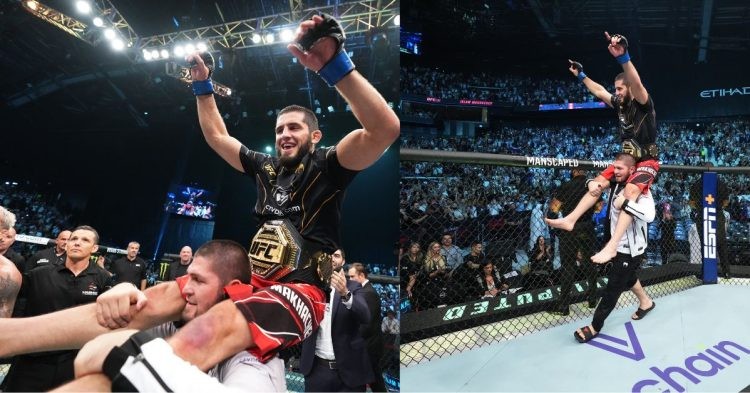 Islam Makhachev celebrates after becoming the new champion