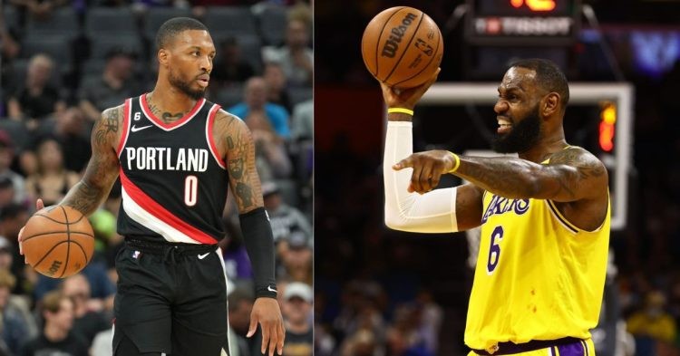 Los Angeles Lakers' LeBron James and Portland Trail Blazers' Damian Lillard