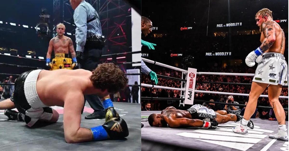 Jake Paul after knocking out Ben Askren (left) and Tyron Woodley (right)