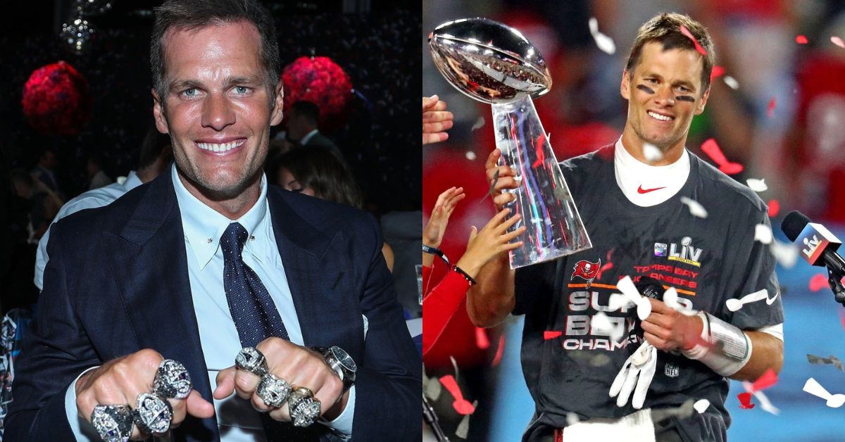 Tom Brady celebrates with his NFL trophy 