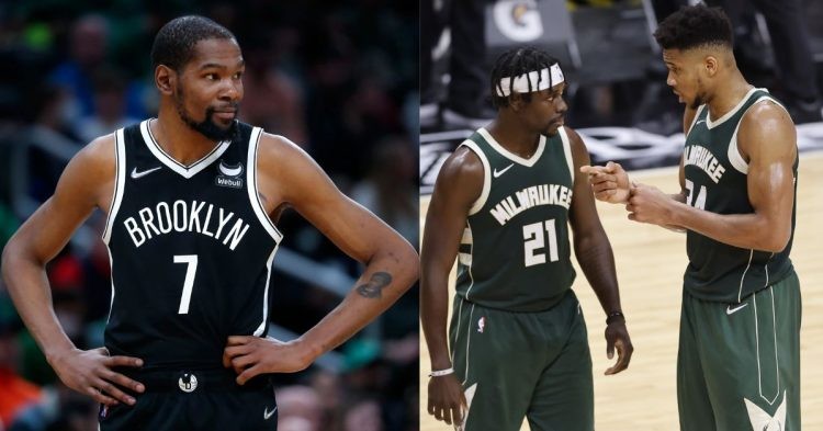 Brooklyn Nets' Kevin Durant and Milwaukee Bucks Giannis and Jrue
