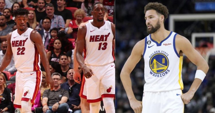 Golden State Warriors' Klay Thompson and Miami Heat's Jimmy Butler and Bam Adebayo