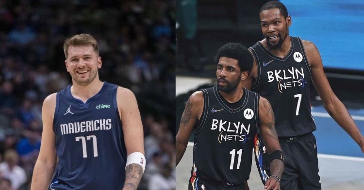 Dallas Mavericks' Luka Doncic and Brooklyn Nets' Kevin Durant and Kyrie Irving