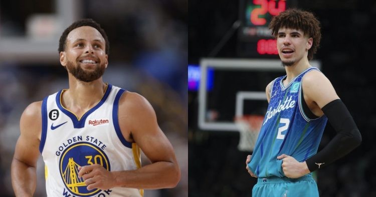 Golden State Warriors' Stephen Curry and Charlotte Hornets' LaMelo Ball