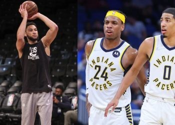 Brooklyn Nets' Ben Simmons and Indiana Pacers' Buddy Hield and Tyrese Haliburton