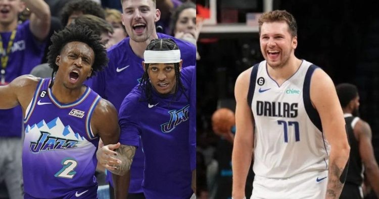 Dallas Mavericks' Luka Doncic smiling and Utah Jazz's Colin Sexton and Jordan Clarkson celebrating