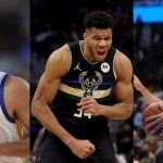 Stephen Curry of the Golden State Warriors, Giannis Antetokounmpo of the Milwaukee Bucks, and Luka Doncic of the Dallas Mavericks