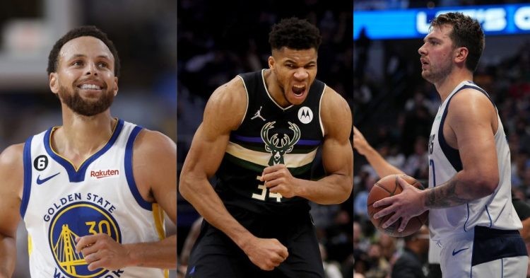 Stephen Curry of the Golden State Warriors, Giannis Antetokounmpo of the Milwaukee Bucks, and Luka Doncic of the Dallas Mavericks