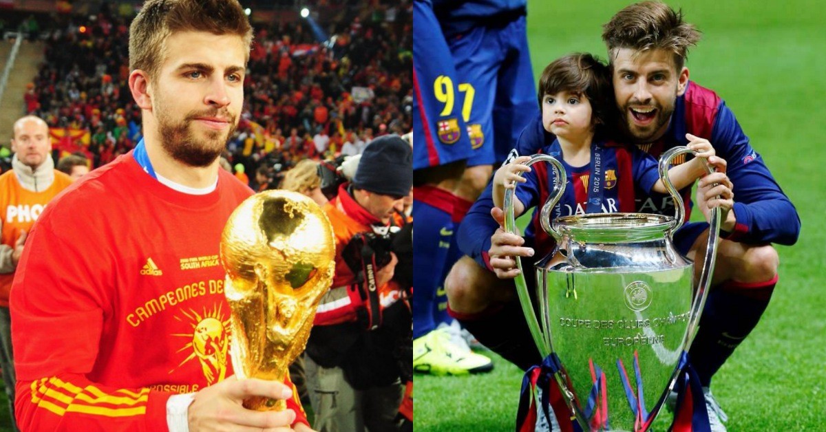 Gerard Pique with the World Cup (left) and the Champions League trophy (right)