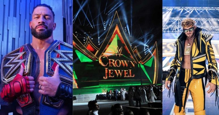 Roman Reigns and Logan Paul at WWE Crown Jewel 2022