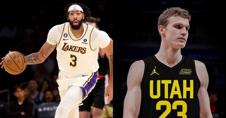Anthony Davis of the Los Angeles Lakers and Lauri Markannen of the Utah Jazz