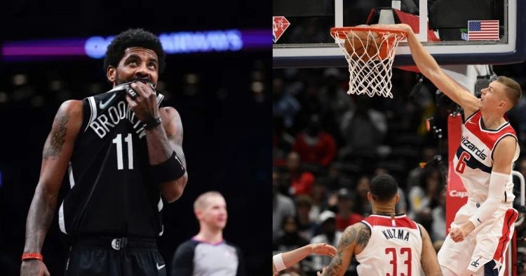 Brooklyn Nets' Kyrie Irving covering his mouth and Washington Wizards' Kristaps Porzingas and Kyle Kuzma on the court