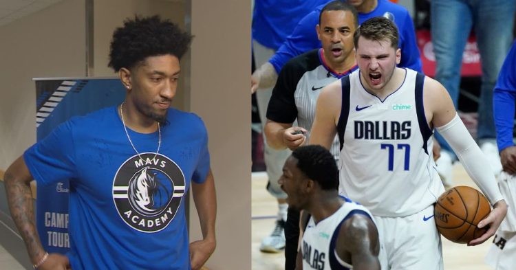 Christian Wood wearing a Mavs shirt and Luka Doncic on the court looking angry