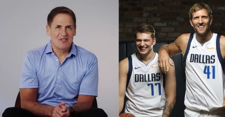 Mark Cuban in a GQ interview and Luka Doncic and Dirk Nowitzki during a photoshoot
