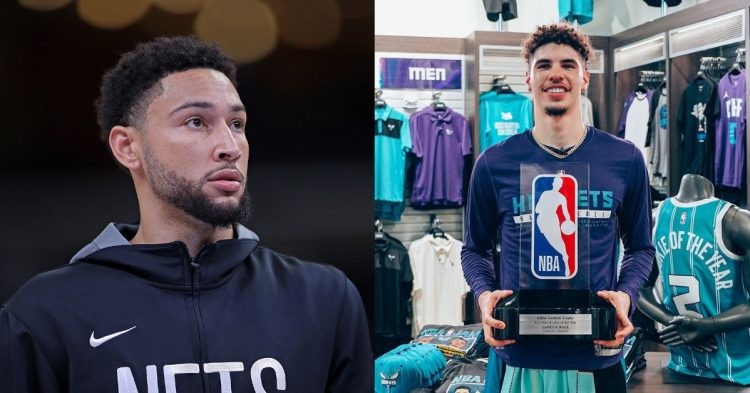 Ben Simmons of the Brooklyn Nets and Lamelo Ball of the Charlotte Hornets